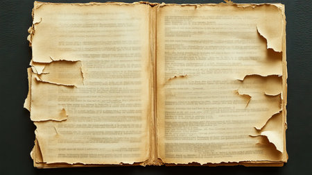 An open vintage book with torn and yellowed pages displays its timeworn character. The distressed edges and visible text evoke a sense of history and nostalgia.の素材