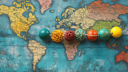 This image features colorful decorative beads arranged on a vintage world map, symbolizing travel and exploration, bringing together art and geography.の素材
