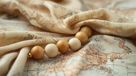 A collection of wooden beads rests on a beautifully patterned vintage map fabric, creating a warm and inviting atmosphere ideal for travel or adventure themes.の素材