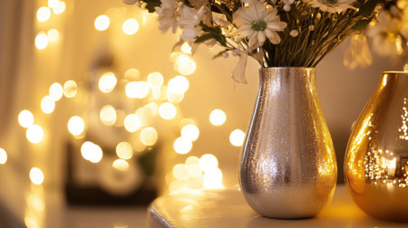 A stunning flower vase filled with fresh blooms sits elegantly on a table, surrounded by warm light and a bokeh background, creating a cozy ambiance.の素材