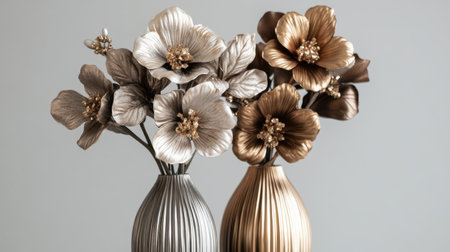 This image features elegant metal flower arrangements in decorative vases, perfect for enhancing modern home interiors with artistic flair and beauty.の素材