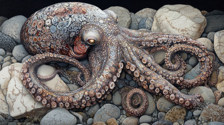 This vibrant illustration showcases an octopus resting among rocks, highlighting its intricate textures and colors. Perfect for marine-themed projects.の素材