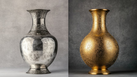 Stunning image of a silver vase and a gold vase, showcasing exquisite craftsmanship and unique detailing, perfect for decorative and artistic uses.の素材