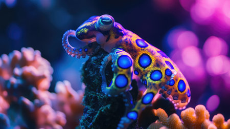 This stunning image captures a vibrant blue-ringed octopus resting among colorful coral. The intricate details and vivid colors highlight the beauty of marine biodiversity.の素材