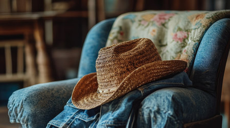 A vintage armchair adorned with a straw hat and denim jacket creates a warm and inviting atmosphere. This rustic scene captures the essence of cozy home decor in a charming indoor setting.の素材