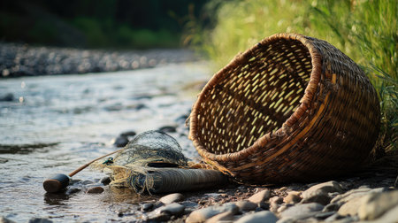A beautifully woven basket lays beside a fishing net on a rocky riverbank, capturing the tranquility of nature and leisure fishing during a serene afternoon.の素材