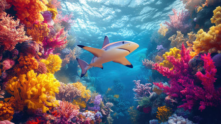 Dive into a mesmerizing underwater scene showcasing a shark gracefully swimming amidst a vibrant coral reef filled with colorful marine life.の素材