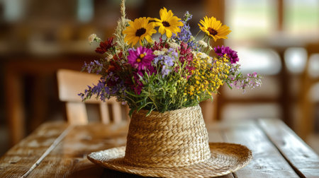 A lively bouquet of flowers arranged in a straw hat, resting on a rustic wooden table, bathed in warm sunlight, offering a charming and cheerful home decor element.の素材
