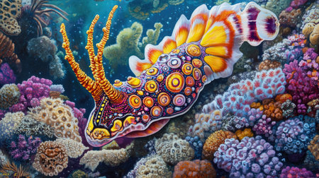 This stunning image captures a vibrant marine creature gracefully gliding through a colorful coral reef, showcasing the beauty of underwater life.の素材