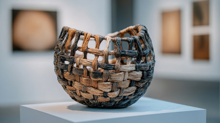 A beautifully handwoven basket is showcased in a contemporary art gallery. The soft lighting enhances its texture and intricate design, creating a striking focal point.の素材