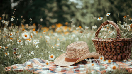 A serene outdoor picnic scene featuring a straw hat, a colorful blanket, and a wicker basket lying amidst wildflowers in a sunny meadow.の素材