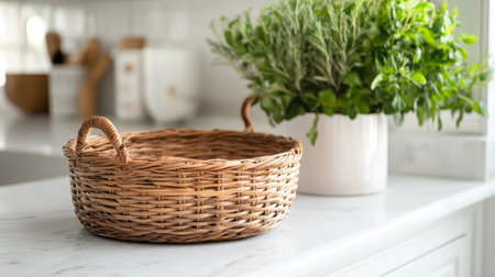 A beautifully woven basket with handles sits on a kitchen countertop, complemented by a vase of fresh green herbs. This arrangement enhances the homeの素材