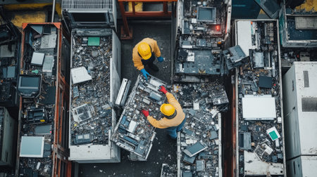 Two workers in safety gear carefully dismantle electronic devices in a recycling facility, promoting sustainability through responsible waste management and resource recovery.の素材