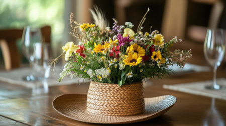 A charming rustic centerpiece featuring a vibrant mix of wildflowers arranged in a straw hat, enhancing the warm ambiance of a wooden table setting.の素材