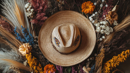 A beautifully arranged straw hat sits among an array of dried flowers, enhancing the rustic charm and natural beauty. Perfect for summer vibes.の素材