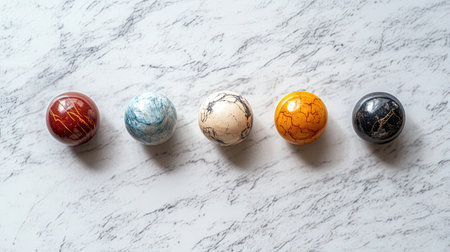 A captivating arrangement of polished orbs in distinct colors resting on a sleek marble surface, perfect for enhancing home and office aesthetics.の素材
