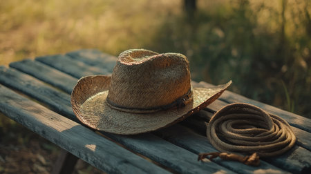 A rustic cowboy hat rests on a weathered wooden bench alongside a coiled lasso, bathed in soft natural light, evoking an outdoor adventure vibe.の素材