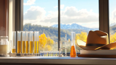 A serene laboratory scene features various test tubes filled with yellow liquids beside a wide-open window showcasing majestic mountain views. A straw hat rests nearby, enhancing the rustic feel of the setting, inviting viewers to explore the intersection of science and nature.の素材