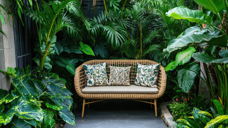 A beautifully designed rattan sofa surrounded by a rich array of tropical plants creates an inviting outdoor space, perfect for relaxation and elegance.の素材