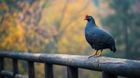 A striking bird showcasing vibrant plumage stands gracefully on a wooden rail. The blurred autumn backdrop adds to the tranquil atmosphere, highlighting nature's beauty.の素材