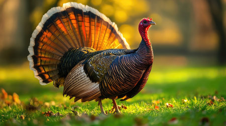 This striking image captures a wild turkey proudly displaying its colorful feathers in a sunlit forest during autumn, evoking a sense of natural beauty and serenity.の素材