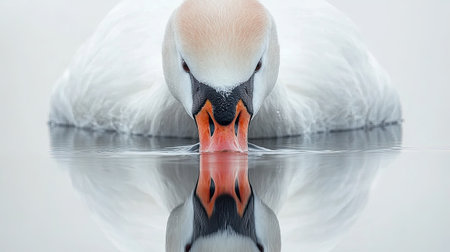 This stunning image captures an elegant swan gracefully dipping its beak into calm water, creating a perfect reflection. The serene atmosphere showcases the beauty of nature.の素材
