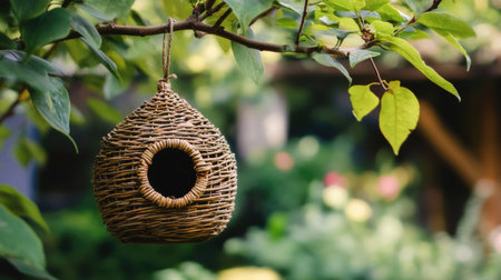 A charming handwoven birdhouse hangs gracefully from a branch, surrounded by vibrant greenery in a tranquil garden. Perfect for bird lovers.の素材