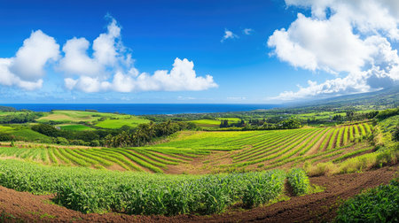 A stunning panoramic view of lush green fields extending towards the ocean, with bright blue skies and fluffy white clouds, creating a breathtaking landscape.の素材