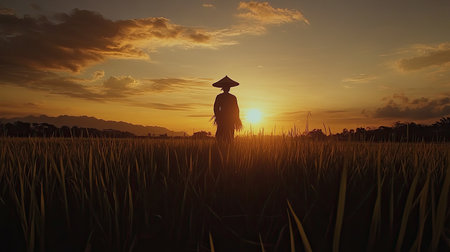 A tranquil scene depicting a person wearing a traditional hat standing in a lush rice field during sunset. The silhouette captures the peaceful atmosphere and natural beauty of rural life.の素材