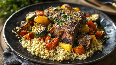 A mouthwatering composition featuring succulent grilled meat served with roasted vegetables and fluffy couscous on a stylish black plate, ideal for culinary enthusiasts.の素材