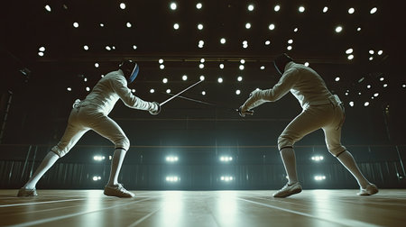 Two fencers engage in an intense duel in a dimly lit indoor arena, highlighted by bright spotlights, showcasing athletic skill and competitive spirit.の素材