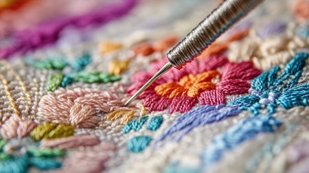 This close-up image captures the intricate process of embroidery, showcasing a needle piercing colorful threads on fabric to create beautiful floral patterns.の素材