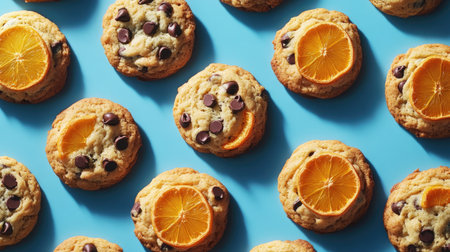 A vibrant arrangement of cookies topped with chocolate chips and fresh orange slices on a blue background, showcasing a cheerful dessert scene perfect for any occasion.の素材