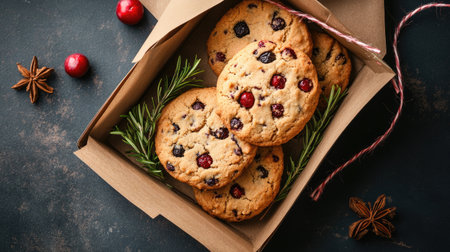 Delight in the warmth of freshly baked cookies featuring cranberries and rosemary, beautifully arranged in a rustic box against a dark backdrop. Perfect for holiday gatherings!の素材