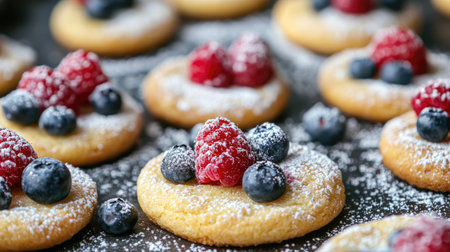 An array of freshly baked cookies garnished with luscious raspberries and blueberries, sprinkled with powdered sugar, perfect for any occasion.の素材