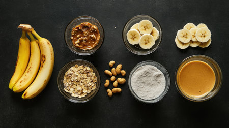 A vibrant composition of fresh bananas, creamy peanut butter, hearty oats, and crunchy nuts, showcasing nutritious ingredients ideal for homemade snacks.の素材