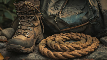 A brown hiking boot rests beside a coiled rope and an old backpack, capturing the essence of outdoor adventure and exploration in a natural setting.の素材