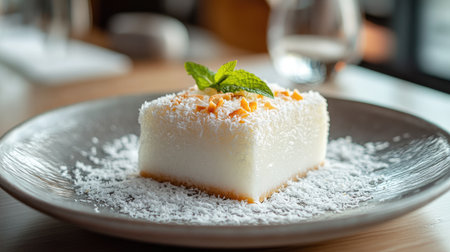 A visually appealing coconut dessert elegantly displayed on a plate, garnished with mint leaves and nuts, perfect for culinary showcases.の素材