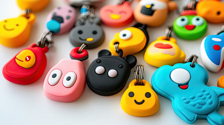 This vibrant image showcases an assortment of colorful rubber keychains with charming cartoon faces and characters, perfect for adding fun to keys or bags.の素材