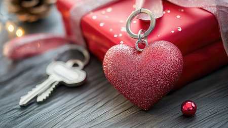 A bright red heart keychain rests on a beautifully wrapped gift box adorned with ribbons and festive decorations, perfect for conveying love and joy.の素材