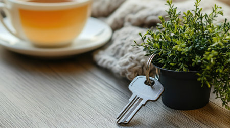 This image captures a cozy scene featuring a key placed next to a potted plant and a steaming cup of tea on a textured wooden table. The warm colors and natural elements evoke a sense of tranquility and comfort, perfect for a relaxed lifestyle theme.の素材
