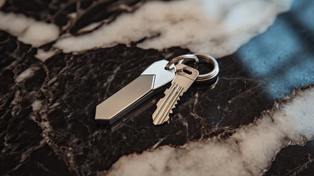 A close-up image featuring two modern silver keys resting on a polished black marble surface. The design highlights the elegance and simplicity of everyday objects in a stylish setting.の素材