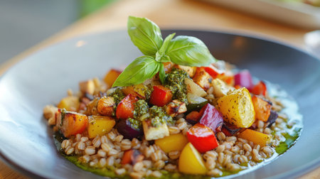 A visually appealing dish featuring grilled vegetables and whole grains, garnished with fresh basil and pesto, showcasing healthy eating and vibrant colors.の素材