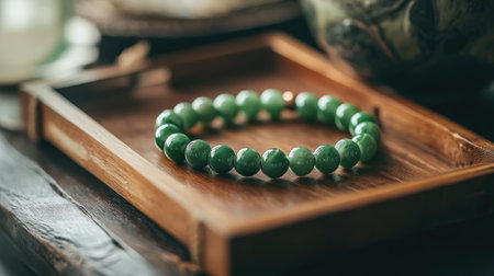 A stunning close-up of an elegant green stone beads bracelet displayed on a wooden tray, featuring natural decor elements, exuding a sense of tranquility and beauty.の素材