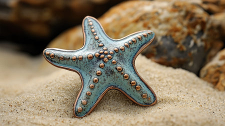 This stunning close-up image showcases a beautiful starfish resting on soft sand, surrounded by smooth pebbles. The blue tones and intricate texture highlight the beauty of marine life in serene coastal settings.の素材