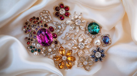 This stunning collection features an array of colorful brooches and gemstones arranged beautifully on a soft satin fabric, exuding luxury and elegance.の素材