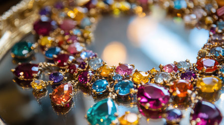 This stunning jewelry display showcases an array of colorful gemstones set in intricate gold detailing, perfect for luxury fashion and elegant artistry concepts.の素材