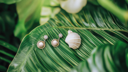 A stunning arrangement of shell-inspired earrings alongside a seashell on lush green leaves creates an elegant tropical aesthetic. Perfect for fashion and decor.の素材