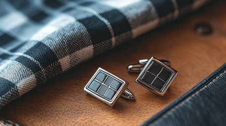 Stylish cufflinks elegantly placed on checkered fabric paired with leather accents, perfect for enhancing formal wear and elevating any outfit.の素材
