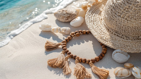 A beautiful arrangement featuring bohemian jewelry, a stylish straw hat, and seashells on a sandy beach, evoking feelings of summer relaxation and adventure.の素材